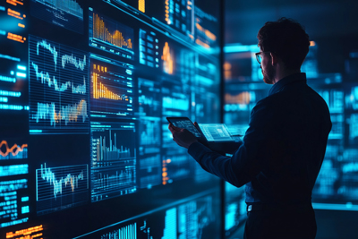 Mann mit Tablet vor großem Monitor mit vielen Diagrammen